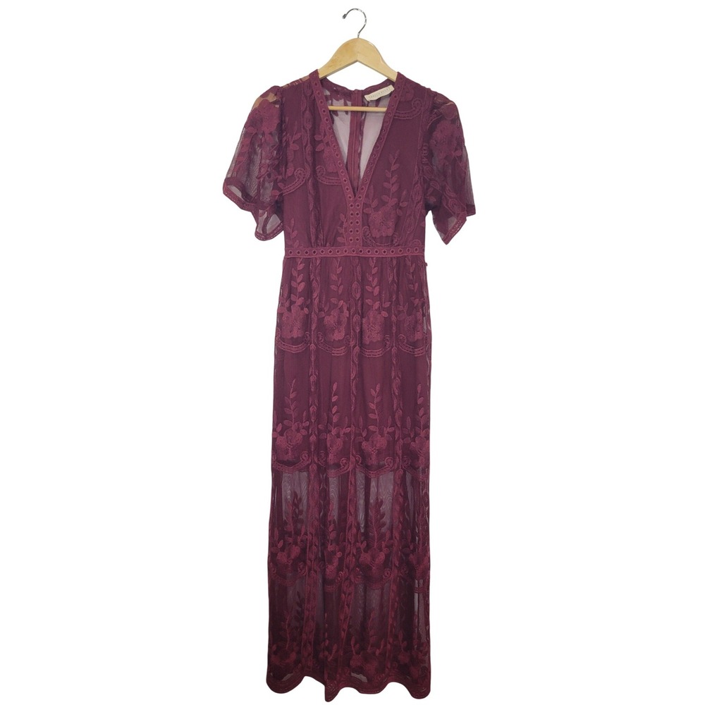 Bella Ella Boutique Burgundy Lace Floral Mesh Maxi Dress V-Neck Small Wine Red